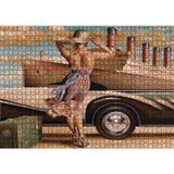 Cakatablo Titanik, Eski Araba ve Yeşil Bavuluyla Genç Kadın 1000 Parça Puzzle Yapboz MDF Ahşap