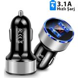 Cakmaklik Oto Arac Hizli Sarj Aleti 3.1A Usb Cift Girisli Siyah Led Ekranli