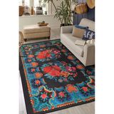 Cala Salada Mavi Çiçekli Modern Geometrik Etnik Desenli Boho Makinada Yıkanabilir Hav Toz Vermez Leke Tutmaz Kaymaz Taban Dijital Makine Baskı Halı Oturma Odası Salon Yolluk Koridor Mutfak Halısı