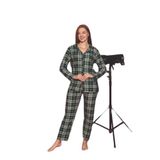 CALİA Ekose Önden Düğmeli Kadın Pijama Takımı, Süet Kumaş, 2XL