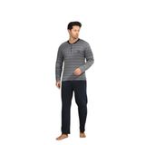 CALİA Erkek Interlok Yaka Düğmeli Uzun Kollu Pijama Takımı, Gri Çizgili, XL