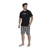 CALİA Erkek Pijama Takımı, Şortlu, Kısa Kol, %100 Pamuk, Ekose Desen, Siyah, L Beden