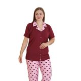 CALİA Kadın Battal Milan Kumaş Kısa Kol Gömlek Yaka Pijama Takımı, Bordo Pembe, 2XL