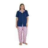 CALİA Kadın Battal Milan Kumaş Kısa Kol Gömlek Yaka Pijama Takımı, Pembe Lacivert, 2XL