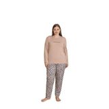 CALİA Kadın Battal Milan Kumaş Pijama Takımı, Uzun Kol, Bej Leopar, 2XL Beden