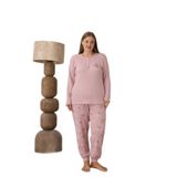CALİA Kadın Büyük Beden Pijama Takımı, Düğmeli Yaka, Uzun Kol, Pembe