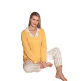 CALİA Kadın Pijama Takımı, Önden Düğmeli Gömlek Model, Sarı Çizgili, 2XL