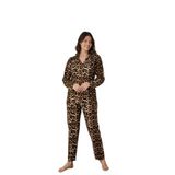 CALİA Kadın Pijama Takımı, Önden Düğmeli, Gömlek Yaka, Leopar Suet Kumaş, Kahverengi, S/M