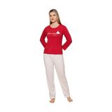 CALİA Kadın Pijama Takımı, Uzun Kollu, Sıfır Yaka, Kırmızı Beyaz, XL