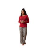 CALİA Kırmızı Uzun Kollu Kadın Pijama Takımı, Leopar Desenli Pantolon, 2XL Beden