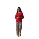 CALİA Kırmızı Uzun Kollu Kadın Pijama Takımı, Leopar Desenli Pantolon, M Beden