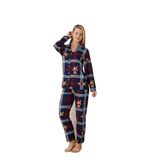 CALİA Önden Düğmeli Kadın Pijama Takımı, Süet Kumaş, Lacivert Ekose, L Beden