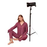 CALİA Önden Düğmeli Kadın Pijama Takımı, Süet Kumaş, Mor Çizgili, 2XL