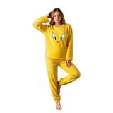 CALİA Welsoft Yumuşak Kumaş Uzun Kollu Sarı Baskılı Kışlık Pijama Takımı, Kadın, 2XL