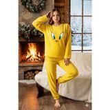 Calia Welsoft Yumuşak Kumaş Uzun Kollu Sarı Baskılı Kışlık Pijama Takımı