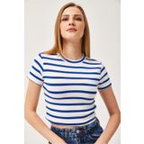 CALİENTE Çizgili Bisiklet Yaka Crop Bluz Mavi