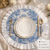 Calina Home 2’li Duck Kumaş Fırfırlı Amerikan Servis Seti - Vintage Bohem Fransız Köylü Desenli Yuvarlak/supla - 40 x 40 cm - Beyaz - Lacivert