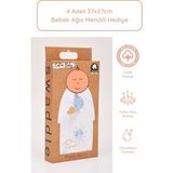 Caline Baby %100 Pamuk Premium & Hafif Müslin Bezi Örtüsü I 120X120 cm I Mavi I Güneş Desenli & 4 Adet Ağız Mendili 27X27CM
