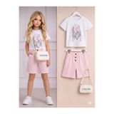 CALİSA Kız Çocuk Çizgili Şort ve Kurdele Detay T-shirt Toka Takım | Yazlık Şık Tişört Set Trend 3'lü Kombin Bayramlık