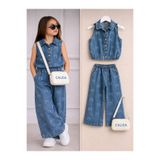 CALİSA Kız Çocuk Denim Takım Fiyonk Desenli Jean Yelek ve Wide Leg Pantolon | Luxury 2'li Kombin Bayramlık