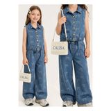 CALİSA Kız Çocuk Fiyonk Desenli Denim Takım | Jean Yelek Bol Paça Pantolon 2’li Takım Yeni Sezon Bayramlık