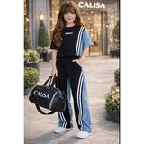 Calisa Store Kız Çocuk Kot Garnili Takım, Sweat ve Pantolon Bayramlık - Siyah - Mavi - 9 - 10 Yaş