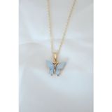 Callerrons Accessories Gold Renk Kaplama Buz Mavisi Renk Sedefli Kelebek Kolye - EBJ260123W39092