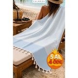 Calmera Çizgili Peştemal | Pamuk - Doğal Saçaklı | Plaj, Havuz, Spa, Hamam, Sauna, Spor, Seyahat Havlusu - Mavi - 90 x 170 cm