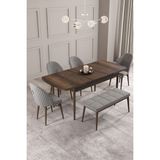 Calvin Barok Desen 80X132 Mdf Açılabilir Mutfak Masası Takımı 4 Sandalye, 1 Bench - Gri
