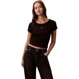 Calvin Klein A- Woven Label 2X2 Rib Baby Tee Bisiklet Yaka T-Shirt, XXS, LV047C200G, Siyah, Kadın