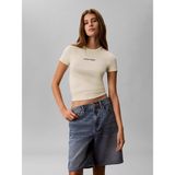 Calvin Klein Kadın Slim Fit Yuvarlak Yakalı Logo Detaylı Kısa Kollu Bej T-Shirt LV047G816G-486 - XS