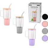 Cam 1000ML Matara - Suluk Bambu Kapak - Sızdırmaz Silikonlu Çelik Pipet Koruyucu Silikon Altl - Renkli