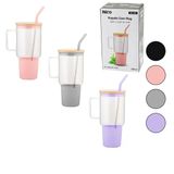 Cam 1000Ml Matara - Suluk Bambu Kapak - Sızdırmaz Silikonlu Çelik Pipet Koruyucu Silikon Altlık - Kılıf (5250)