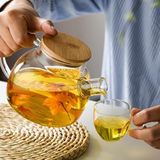 Cam Demlik Isıya Dayanıklı Vakumlu Bambu Kapaklı Borasilikat Teapot Sürahi Bitki Çayı Demliği Kendinden Süzgeçli 1000 ML