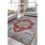 Çam Halı Dream 32-037 Etnik Eskitme Desenli Dokuma Tabanlı Yıkanabilir Şönil Salon ve Oda Halısı, Kiremit, 80 x 300