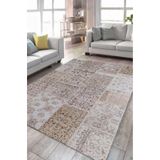 Çam Halı Siesta Patchwork 32-458 Etnik Eskitme Desenli Dokuma Tabanlı Yıkanabilir Şönil Salon ve Oda, Bej, 150 x 230