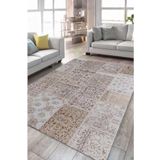 Çam Halı Siesta Patchwork 32-458 Etnik Eskitme Desenli Dokuma Tabanlı Yıkanabilir Şönil Salon ve Oda, Bej, 75 x 150