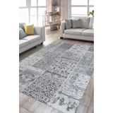 Çam Halı Siesta Patchwork 32-461 Etnik Eskitme Desenli Dokuma Tabanlı Yıkanabilir Şönil Salon ve Oda, Açık Gri, 150 x 230
