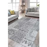 Çam Halı Siesta Patchwork 32-461 Etnik Eskitme Desenli Dokuma Tabanlı Yıkanabilir Şönil Salon ve Oda, Açık Gri, 75 x 300