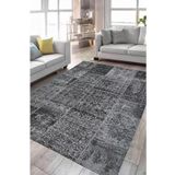 Çam Halı Siesta Patchwork 32-462 Etnik Eskitme Desenli Dokuma Tabanlı Yıkanabilir Şönil Salon ve Oda, Siyah, 115 x 170