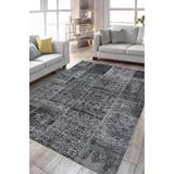Çam Halı Siesta Patchwork 32-462 Etnik Eskitme Desenli Dokuma Tabanlı Yıkanabilir Şönil Salon ve Oda, Siyah, 75 x 300