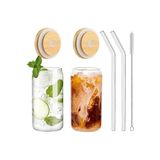 Cam İçecek Bardağı Seti, Bambu Kapaklı, 2 Adet Cam Pipet ve Temizleme Fırçası ile