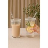 Cam Kapaklı Pipetli 400 ml Şeffaf Çizgili Bardak Seti – Soğuk Içecek ve Smoothie Bardağı - Beyaz - 2 Adet
