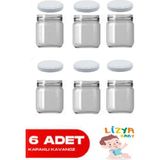 Cam Kavanoz Beyaz Kapaklı 210 cc 15 Adet Etiket Hediyeli Yoğurt Bebek Mama Ek Gıda Kavanozu - Beyaz - Şeffaf - 6 Adet - 210 ml