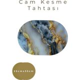 Cam Kesme Tahtası* Mutfak Tahtası Oval 25X35CM Mermer Mavi Altın Görünümlü - 25 x 35cm