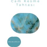 Cam Kesme Tahtası* Mutfak Tahtası Oval 25X35CM Mermer Turkuaz Altın Görünümlü - 25 x 35cm