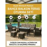 Cam Masalı 6 Parça Rattan Balkon & Bahçe Takımı – 4 Kişilik, Gri Minderli