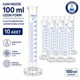 Cam Mezür 100 ml Uzun Form A Kalite Borosilikat Laboratuvara Uygun 10 Adet