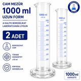 Cam Mezür 1000 ml Uzun Form A Kalite Borosilikat Laboratuvara Uygun 2 Adet