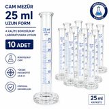 Cam Mezür 25 ml Uzun Form A Kalite Borosilikat Laboratuvara Uygun 10 Adet